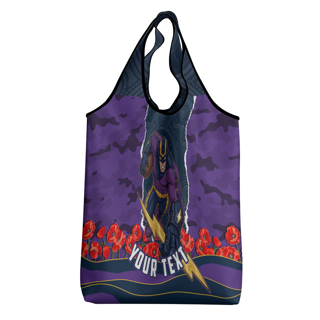 Personalized Melbourne Storm ANZAC Tribute Grocery Bag Poppy Field Soldier Silhouette Aboriginal Rugby Mascot