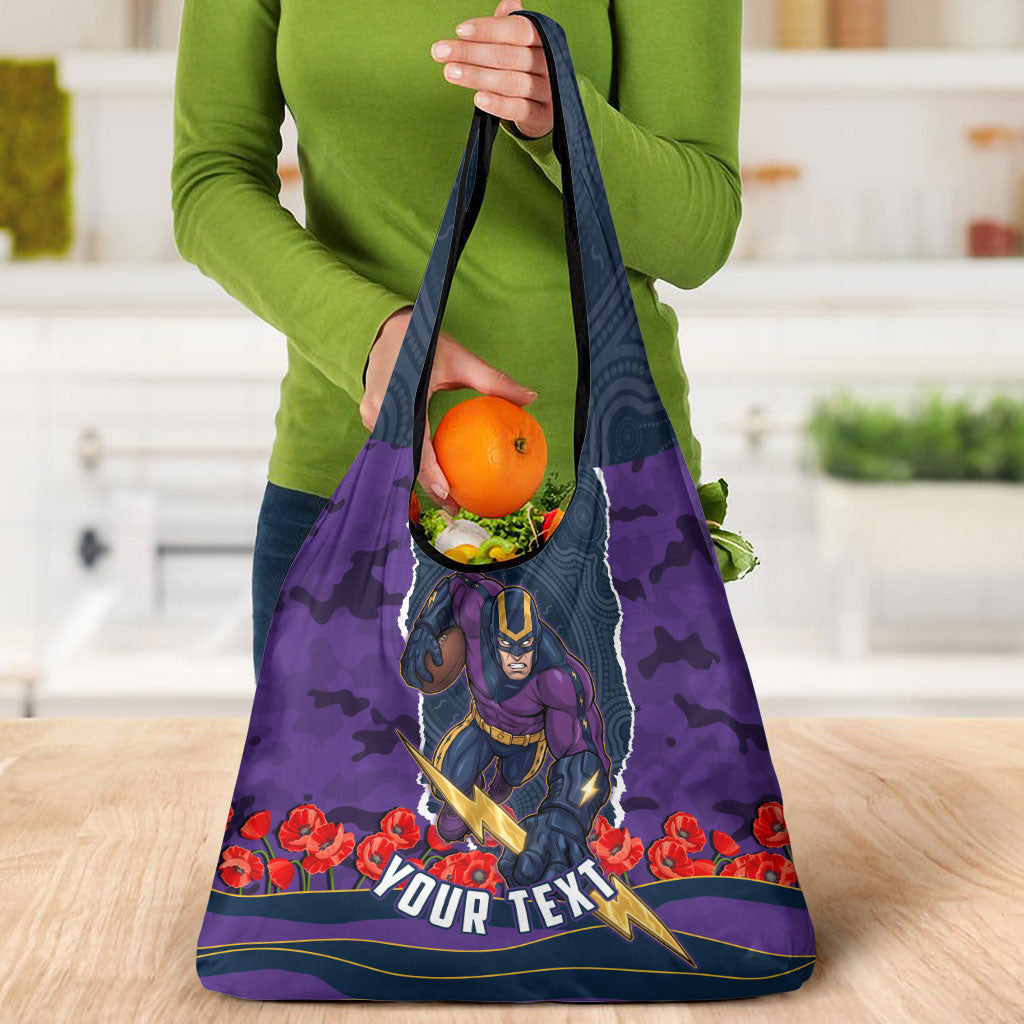 Personalized Melbourne Storm ANZAC Tribute Grocery Bag Poppy Field Soldier Silhouette Aboriginal Rugby Mascot