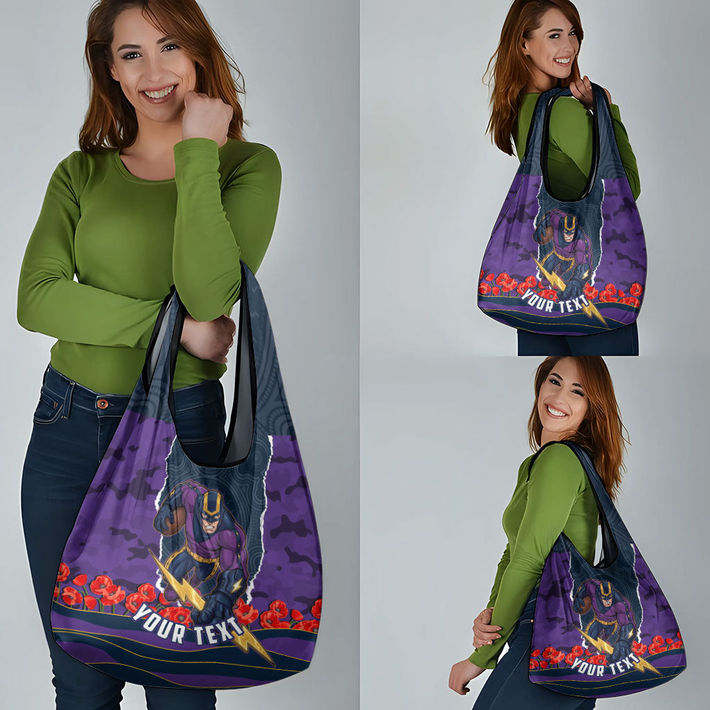 Personalized Melbourne Storm ANZAC Tribute Grocery Bag Poppy Field Soldier Silhouette Aboriginal Rugby Mascot