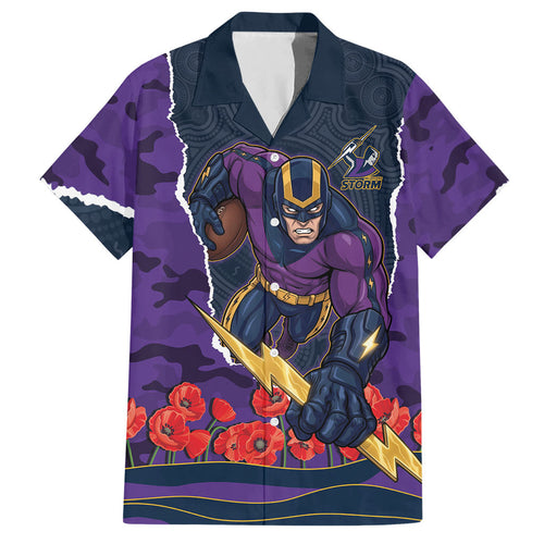 Personalized Melbourne Storm ANZAC Tribute Hawaiian Shirt Poppy Field Soldier Silhouette Aboriginal Rugby Mascot