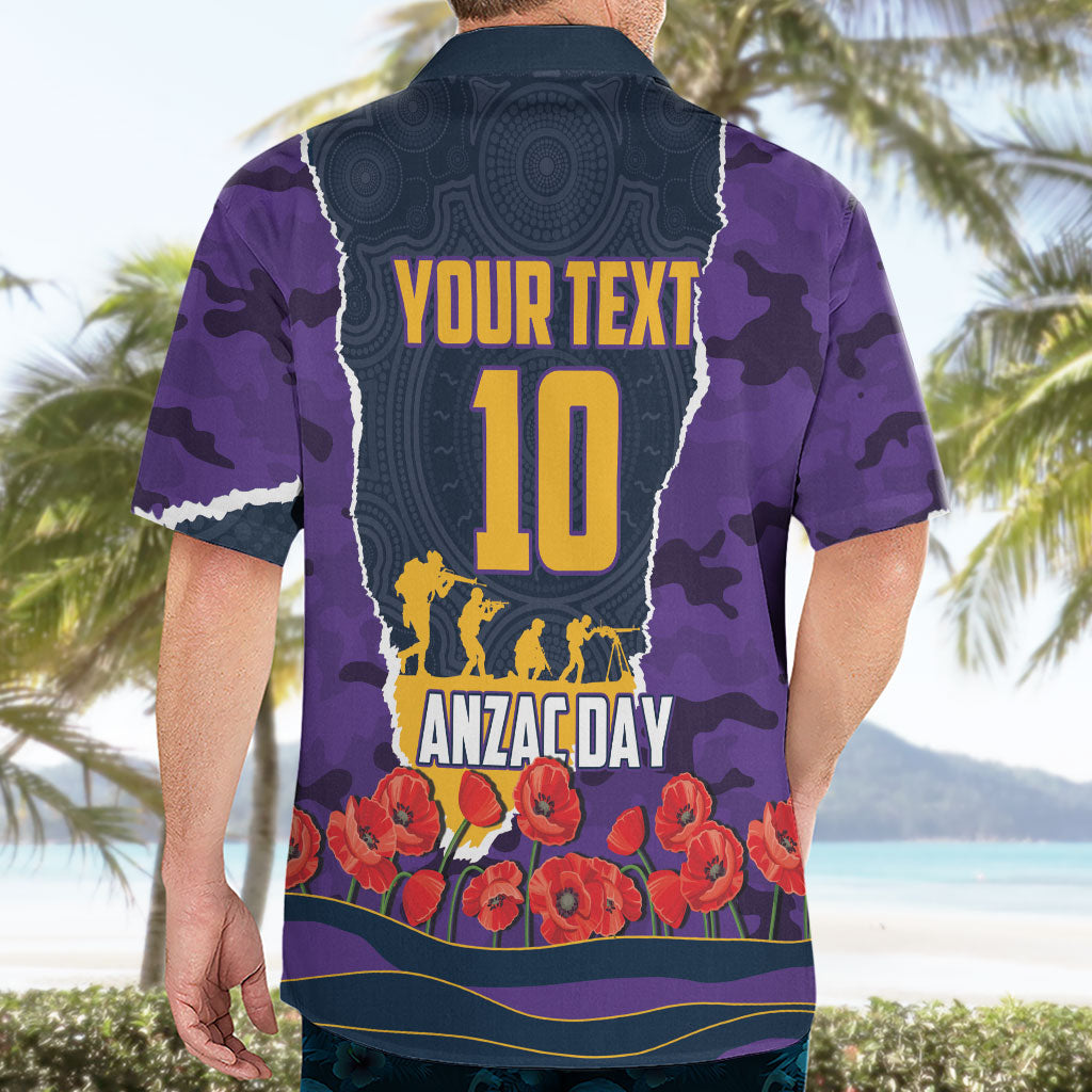 Personalized Melbourne Storm ANZAC Tribute Hawaiian Shirt Poppy Field Soldier Silhouette Aboriginal Rugby Mascot