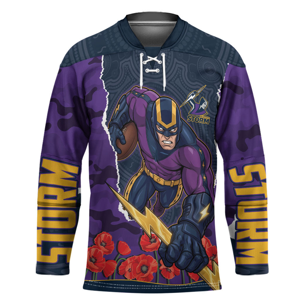 Personalized Melbourne Storm ANZAC Tribute Hockey Jersey Poppy Field Soldier Silhouette Aboriginal Rugby Mascot