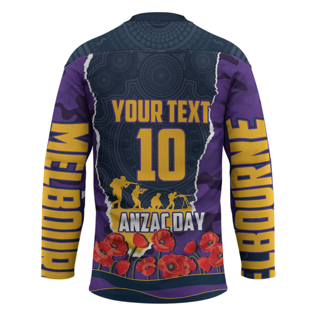 Personalized Melbourne Storm ANZAC Tribute Hockey Jersey Poppy Field Soldier Silhouette Aboriginal Rugby Mascot