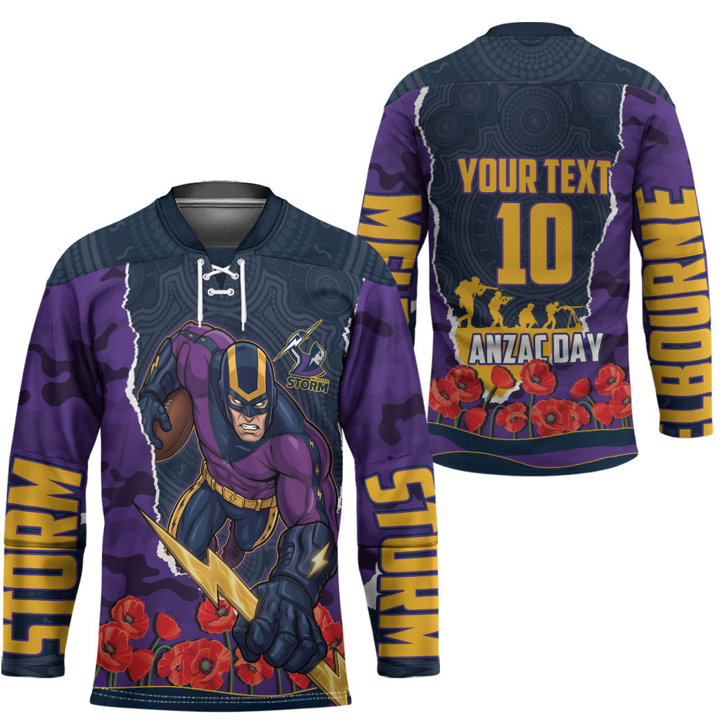 Personalized Melbourne Storm ANZAC Tribute Hockey Jersey Poppy Field Soldier Silhouette Aboriginal Rugby Mascot