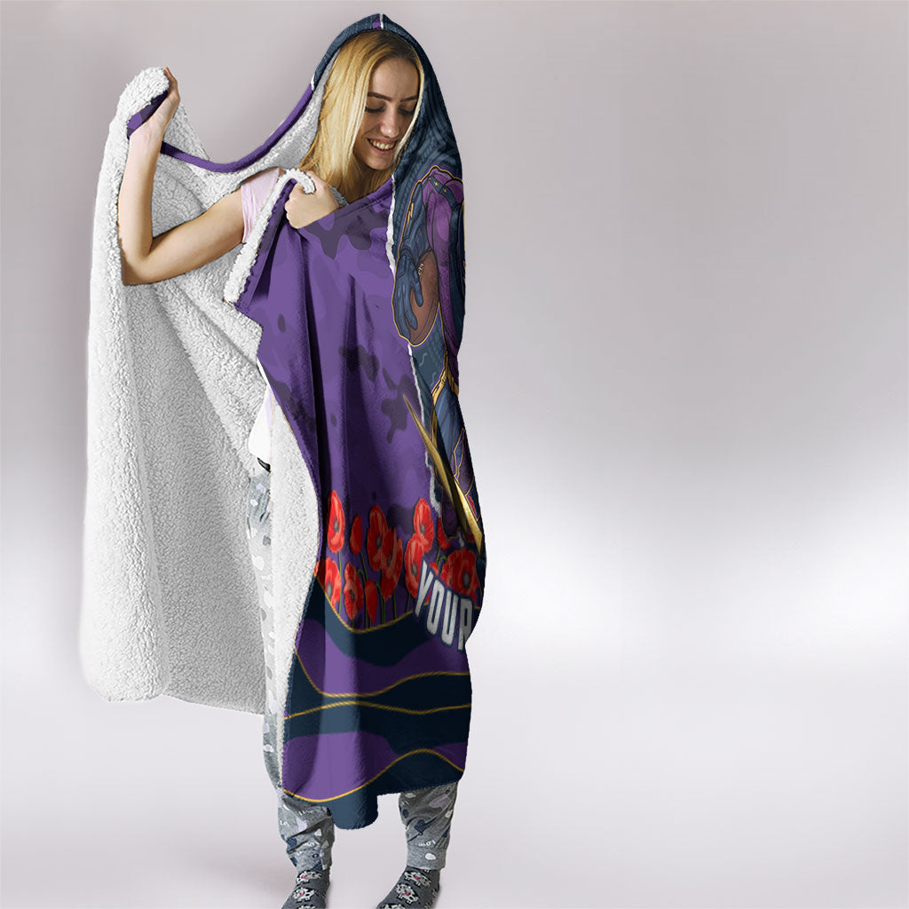 Personalized Melbourne Storm ANZAC Tribute Hooded Blanket Poppy Field Soldier Silhouette Aboriginal Rugby Mascot