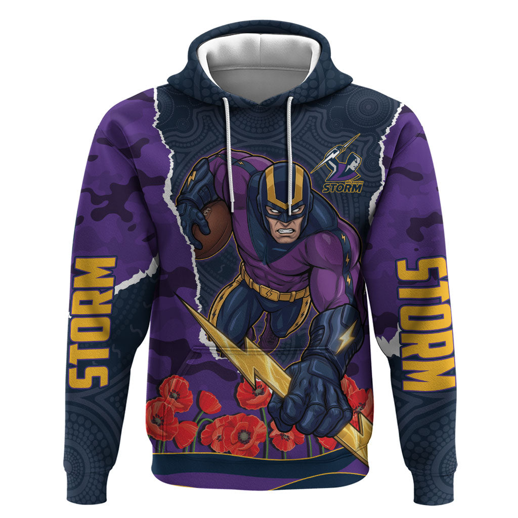Personalized Melbourne Storm ANZAC Tribute Hoodie Poppy Field Soldier Silhouette Aboriginal Rugby Mascot