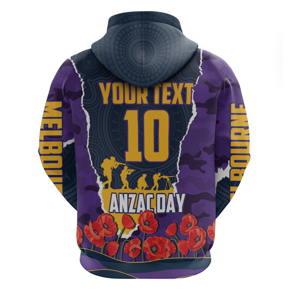 Personalized Melbourne Storm ANZAC Tribute Hoodie Poppy Field Soldier Silhouette Aboriginal Rugby Mascot