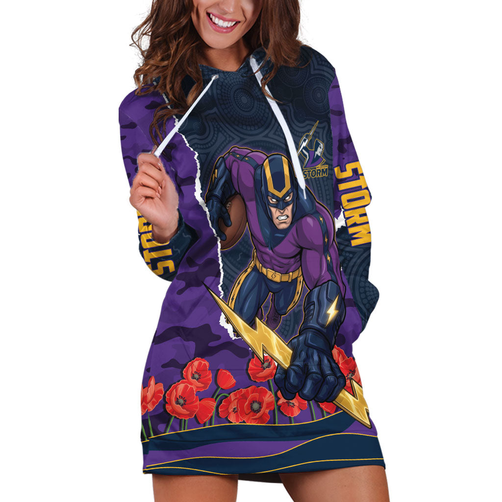Personalized Melbourne Storm ANZAC Tribute Hoodie Dress Poppy Field Soldier Silhouette Aboriginal Rugby Mascot