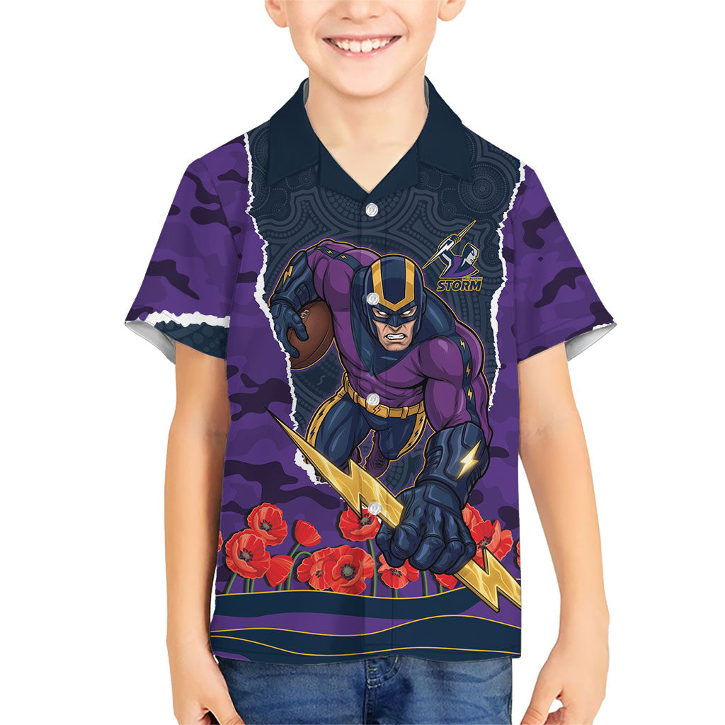 Personalized Melbourne Storm ANZAC Tribute Kid Hawaiian Shirt Poppy Field Soldier Silhouette Aboriginal Rugby Mascot