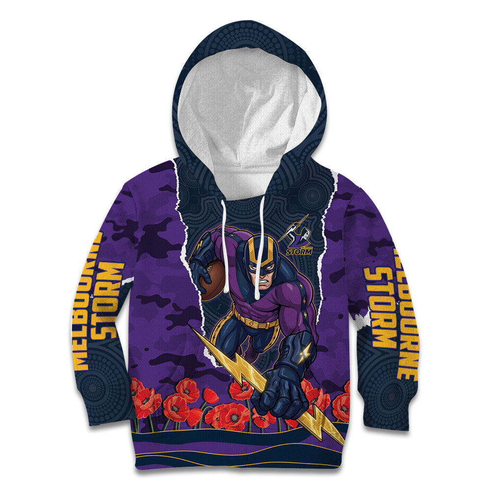 Personalized Melbourne Storm ANZAC Tribute Kid Hoodie Poppy Field Soldier Silhouette Aboriginal Rugby Mascot