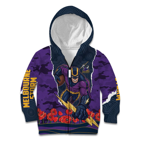 Personalized Melbourne Storm ANZAC Tribute Kid Hoodie Poppy Field Soldier Silhouette Aboriginal Rugby Mascot