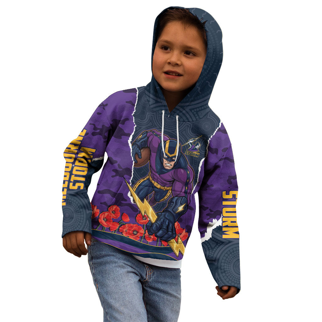 Personalized Melbourne Storm ANZAC Tribute Kid Hoodie Poppy Field Soldier Silhouette Aboriginal Rugby Mascot