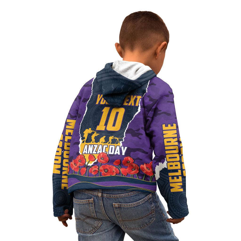 Personalized Melbourne Storm ANZAC Tribute Kid Hoodie Poppy Field Soldier Silhouette Aboriginal Rugby Mascot