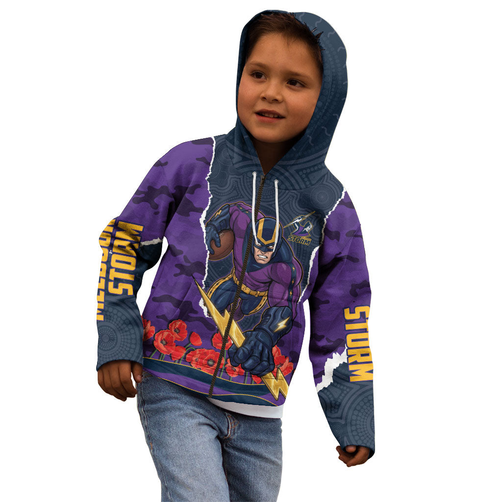Personalized Melbourne Storm ANZAC Tribute Kid Hoodie Poppy Field Soldier Silhouette Aboriginal Rugby Mascot