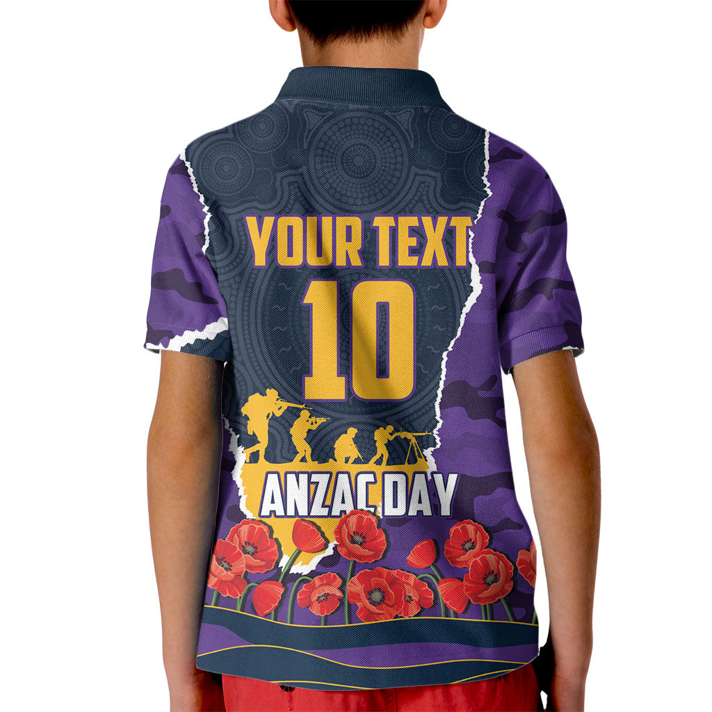 Personalized Melbourne Storm ANZAC Tribute Kid Polo Shirt Poppy Field Soldier Silhouette Aboriginal Rugby Mascot