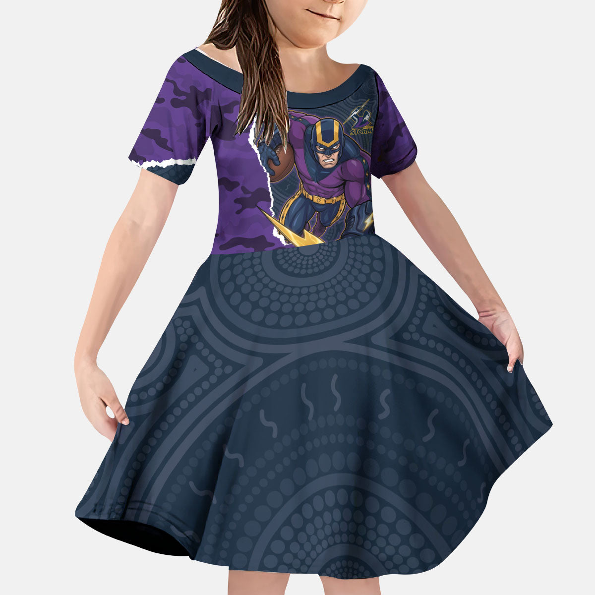 Personalized Melbourne Storm ANZAC Tribute Kid Short Sleeve Dress Poppy Field Soldier Silhouette Aboriginal Rugby Mascot