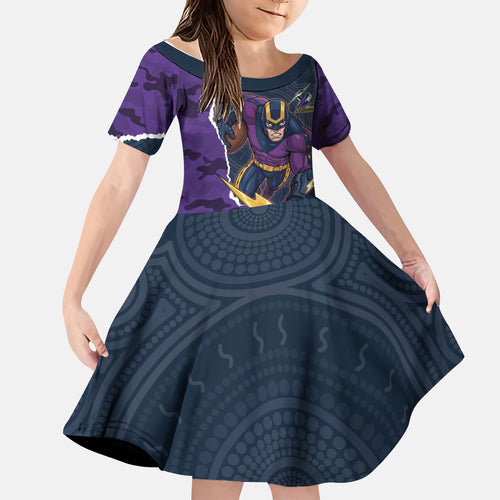 Personalized Melbourne Storm ANZAC Tribute Kid Short Sleeve Dress Poppy Field Soldier Silhouette Aboriginal Rugby Mascot