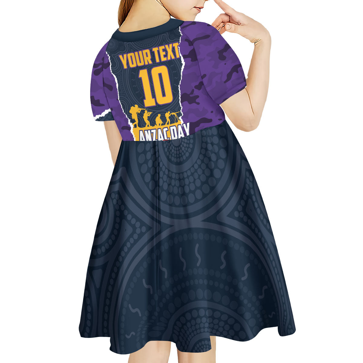 Personalized Melbourne Storm ANZAC Tribute Kid Short Sleeve Dress Poppy Field Soldier Silhouette Aboriginal Rugby Mascot