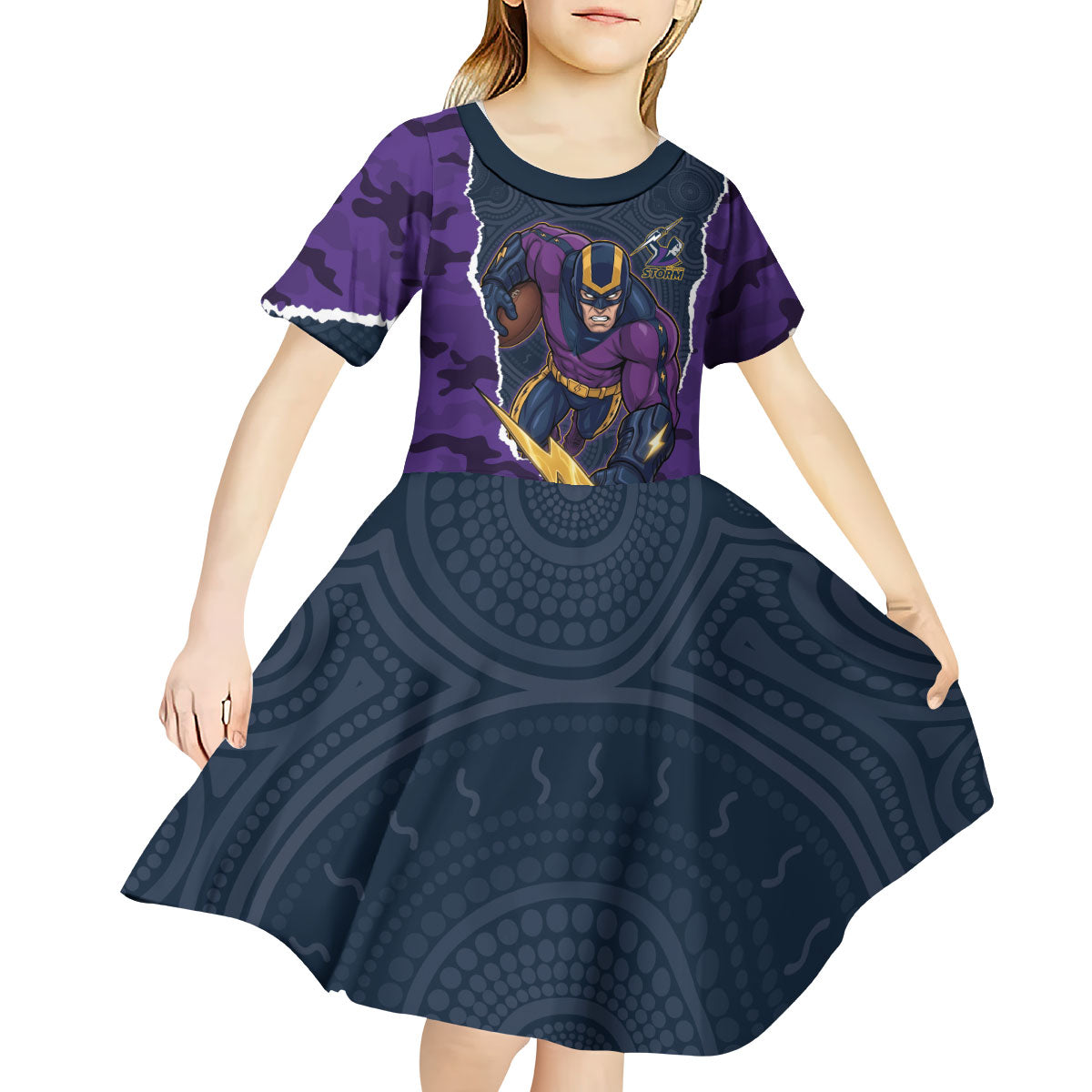 Personalized Melbourne Storm ANZAC Tribute Kid Short Sleeve Dress Poppy Field Soldier Silhouette Aboriginal Rugby Mascot