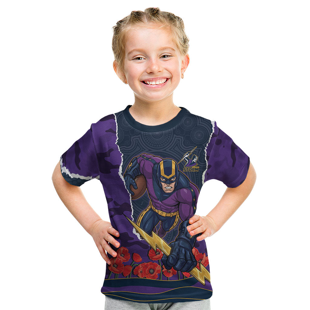 Personalized Melbourne Storm ANZAC Tribute Kid T Shirt Poppy Field Soldier Silhouette Aboriginal Rugby Mascot