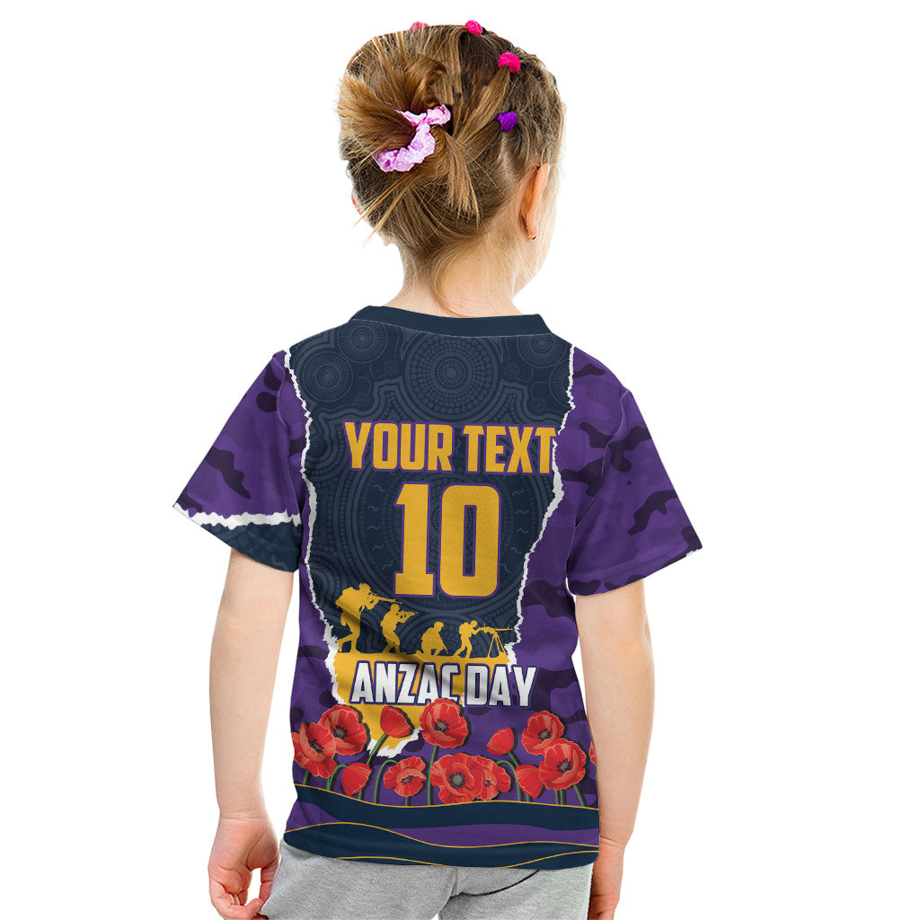 Personalized Melbourne Storm ANZAC Tribute Kid T Shirt Poppy Field Soldier Silhouette Aboriginal Rugby Mascot