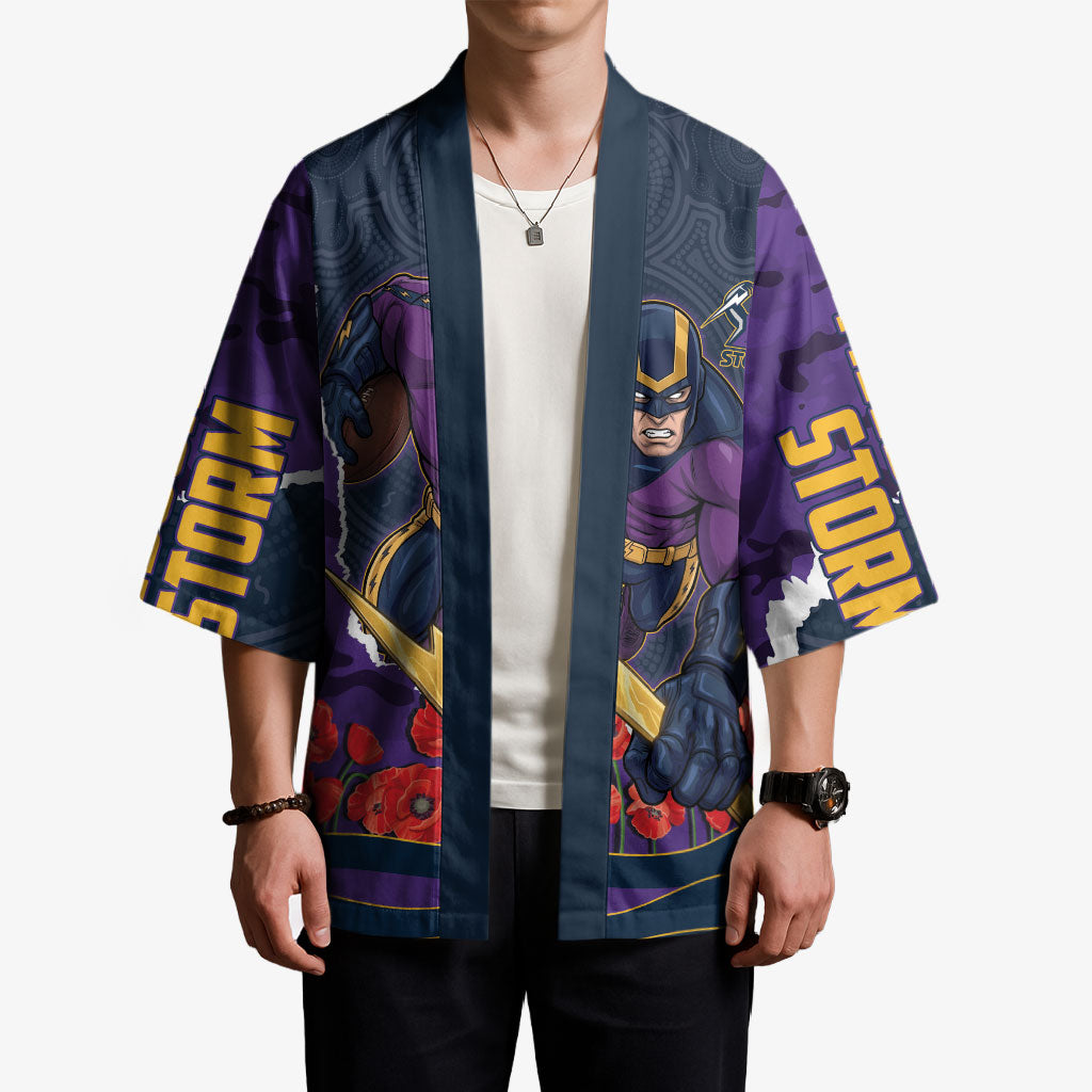 Personalized Melbourne Storm ANZAC Tribute Kimono Poppy Field Soldier Silhouette Aboriginal Rugby Mascot