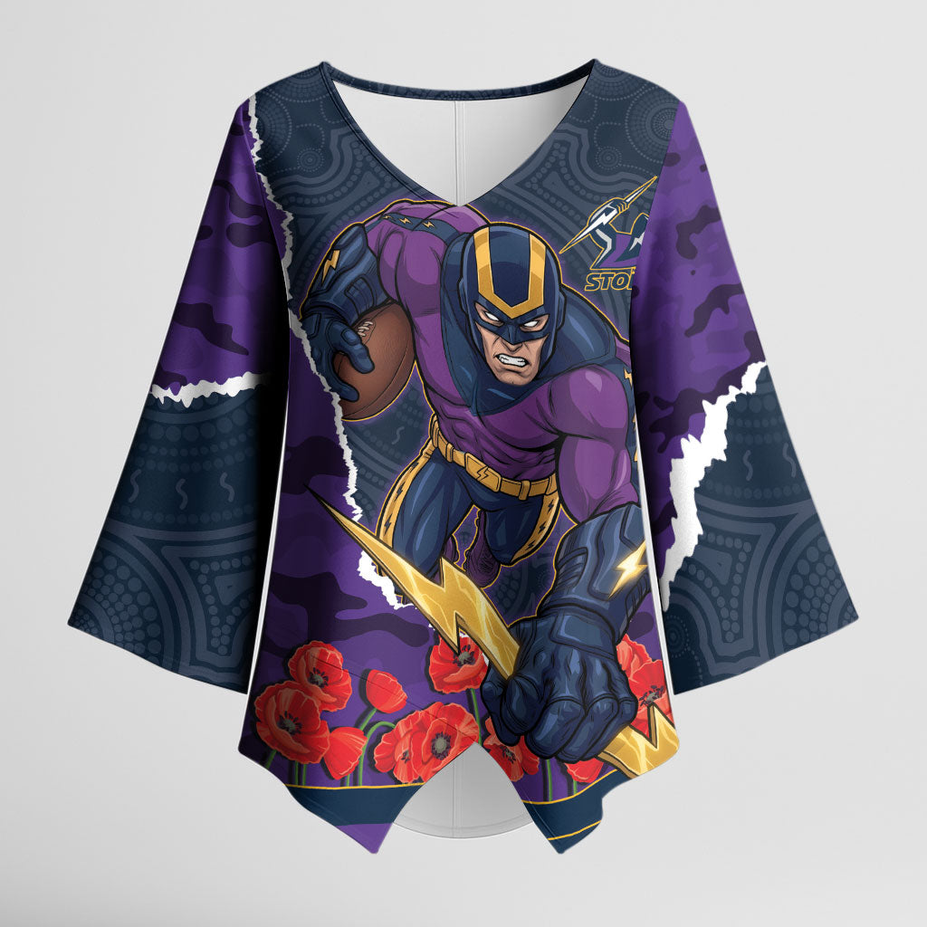 Personalized Melbourne Storm ANZAC Tribute Kimono Sleeve Blouse Poppy Field Soldier Silhouette Aboriginal Rugby Mascot
