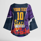 Personalized Melbourne Storm ANZAC Tribute Kimono Sleeve Blouse Poppy Field Soldier Silhouette Aboriginal Rugby Mascot
