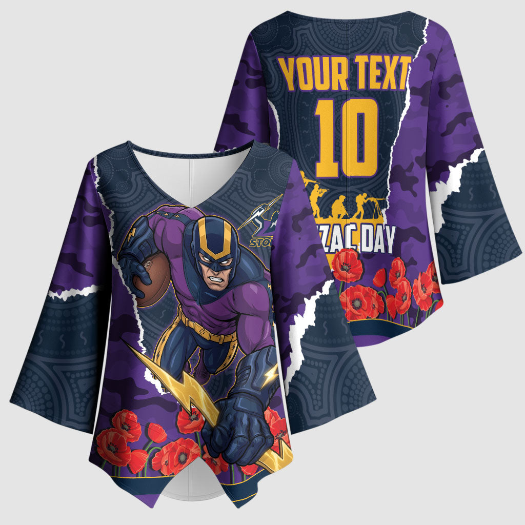 Personalized Melbourne Storm ANZAC Tribute Kimono Sleeve Blouse Poppy Field Soldier Silhouette Aboriginal Rugby Mascot