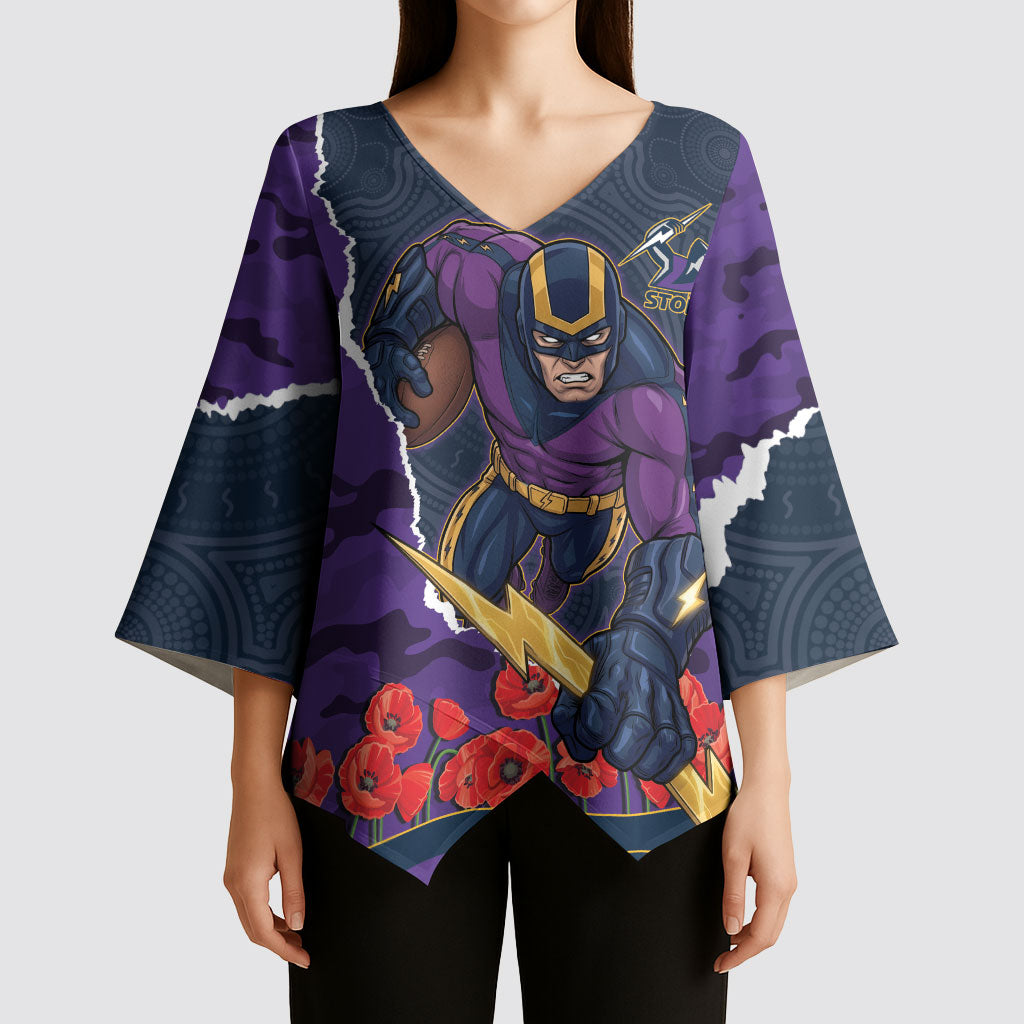 Personalized Melbourne Storm ANZAC Tribute Kimono Sleeve Blouse Poppy Field Soldier Silhouette Aboriginal Rugby Mascot