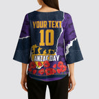 Personalized Melbourne Storm ANZAC Tribute Kimono Sleeve Blouse Poppy Field Soldier Silhouette Aboriginal Rugby Mascot