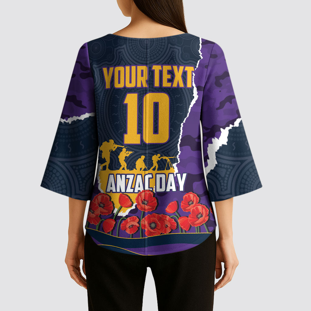 Personalized Melbourne Storm ANZAC Tribute Kimono Sleeve Blouse Poppy Field Soldier Silhouette Aboriginal Rugby Mascot