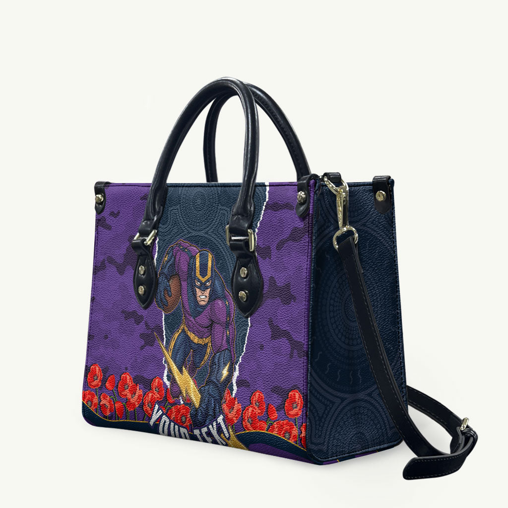 Personalized Melbourne Storm ANZAC Tribute Leather Bag Poppy Field Soldier Silhouette Aboriginal Rugby Mascot