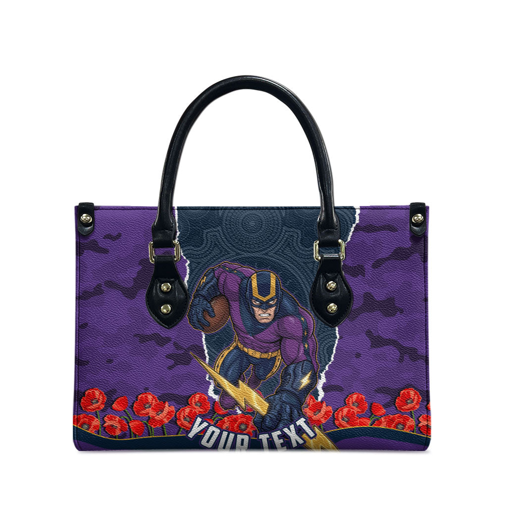 Personalized Melbourne Storm ANZAC Tribute Leather Bag Poppy Field Soldier Silhouette Aboriginal Rugby Mascot