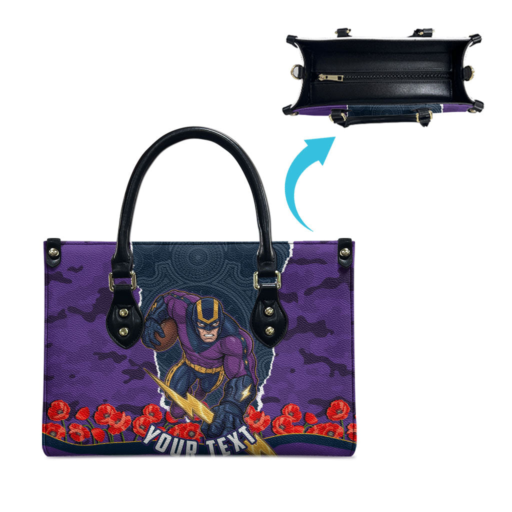 Personalized Melbourne Storm ANZAC Tribute Leather Bag Poppy Field Soldier Silhouette Aboriginal Rugby Mascot