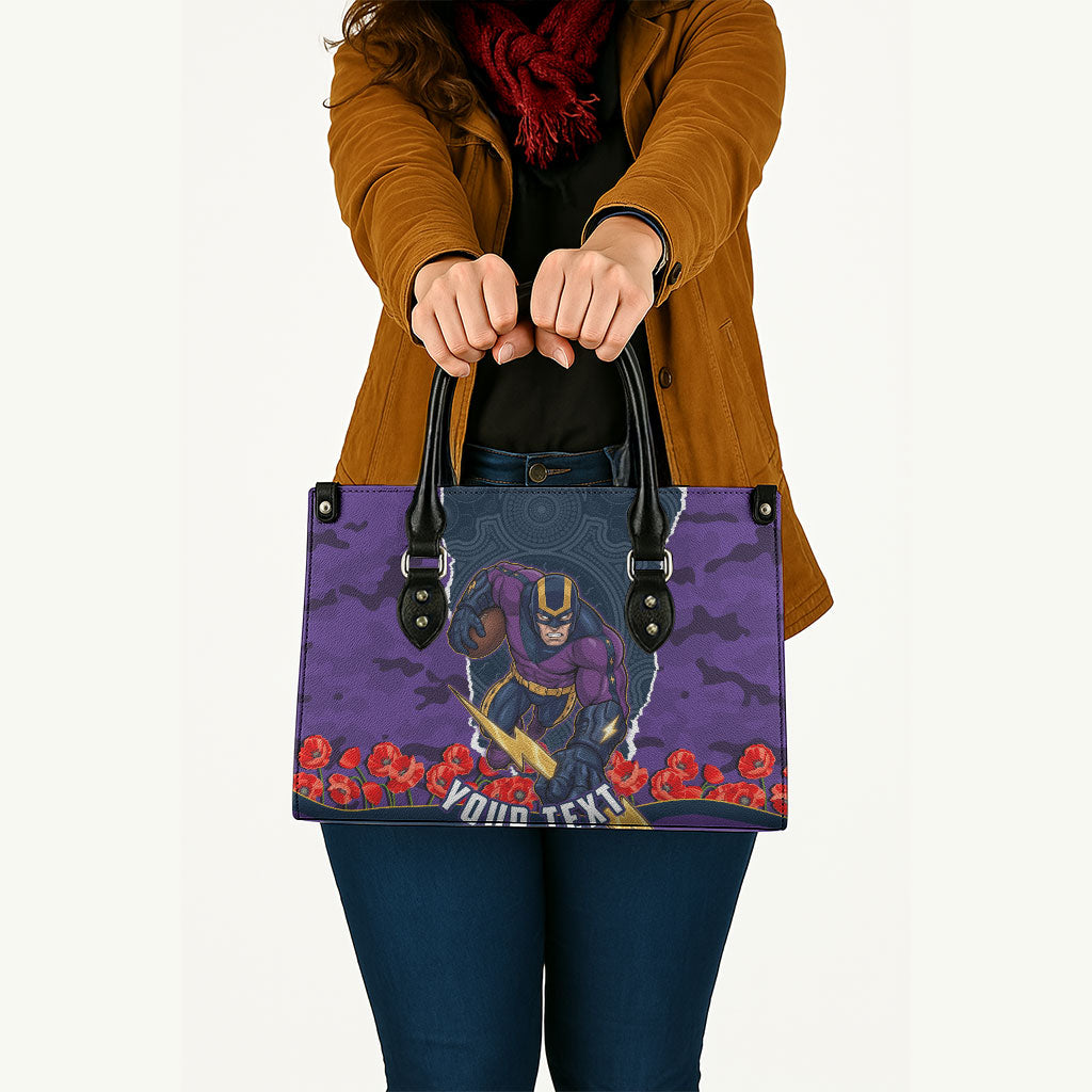 Personalized Melbourne Storm ANZAC Tribute Leather Bag Poppy Field Soldier Silhouette Aboriginal Rugby Mascot