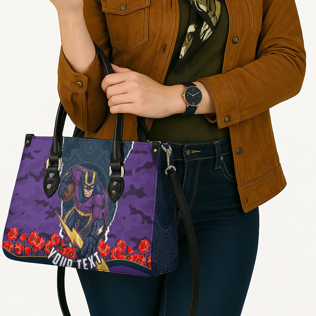 Personalized Melbourne Storm ANZAC Tribute Leather Bag Poppy Field Soldier Silhouette Aboriginal Rugby Mascot