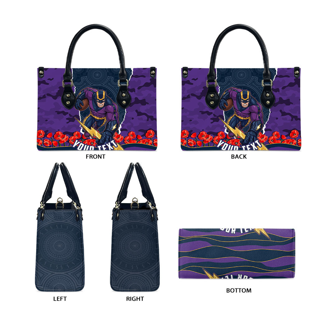 Personalized Melbourne Storm ANZAC Tribute Leather Bag Poppy Field Soldier Silhouette Aboriginal Rugby Mascot