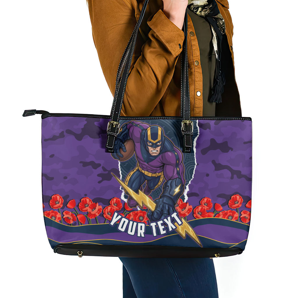 Personalized Melbourne Storm ANZAC Tribute Leather Tote Bag Poppy Field Soldier Silhouette Aboriginal Rugby Mascot