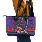 Personalized Melbourne Storm ANZAC Tribute Leather Tote Bag Poppy Field Soldier Silhouette Aboriginal Rugby Mascot
