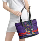 Personalized Melbourne Storm ANZAC Tribute Leather Tote Bag Poppy Field Soldier Silhouette Aboriginal Rugby Mascot