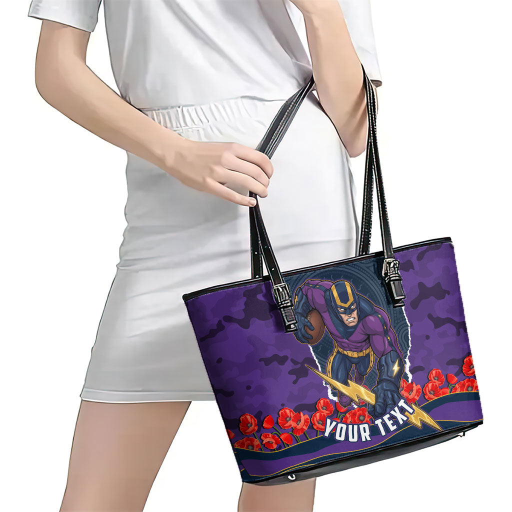 Personalized Melbourne Storm ANZAC Tribute Leather Tote Bag Poppy Field Soldier Silhouette Aboriginal Rugby Mascot