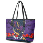 Personalized Melbourne Storm ANZAC Tribute Leather Tote Bag Poppy Field Soldier Silhouette Aboriginal Rugby Mascot