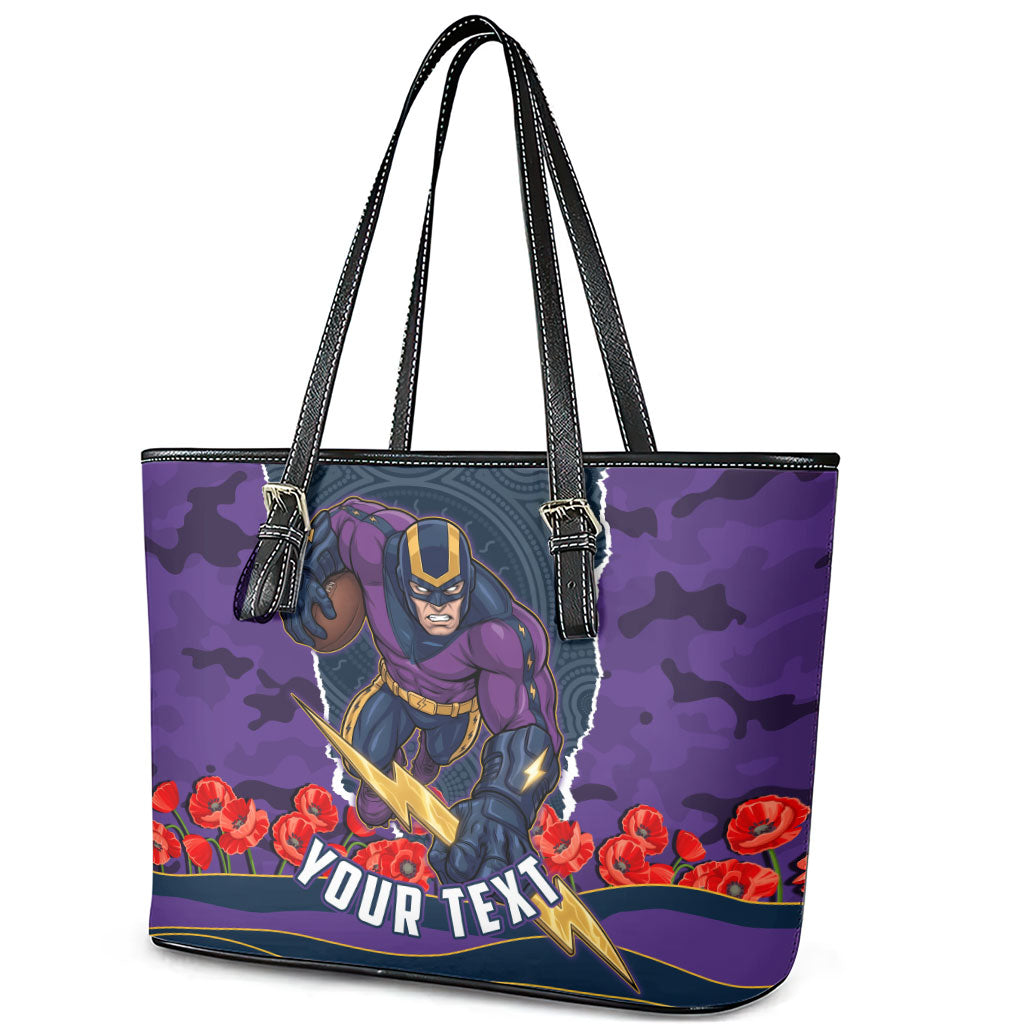 Personalized Melbourne Storm ANZAC Tribute Leather Tote Bag Poppy Field Soldier Silhouette Aboriginal Rugby Mascot