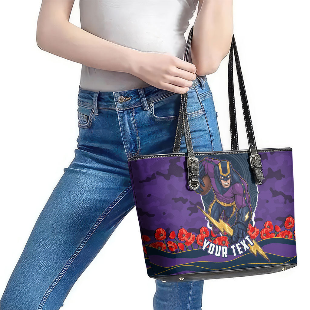 Personalized Melbourne Storm ANZAC Tribute Leather Tote Bag Poppy Field Soldier Silhouette Aboriginal Rugby Mascot