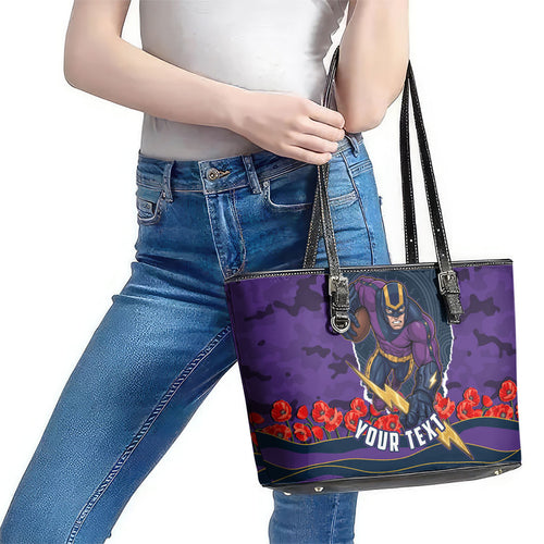 Personalized Melbourne Storm ANZAC Tribute Leather Tote Bag Poppy Field Soldier Silhouette Aboriginal Rugby Mascot