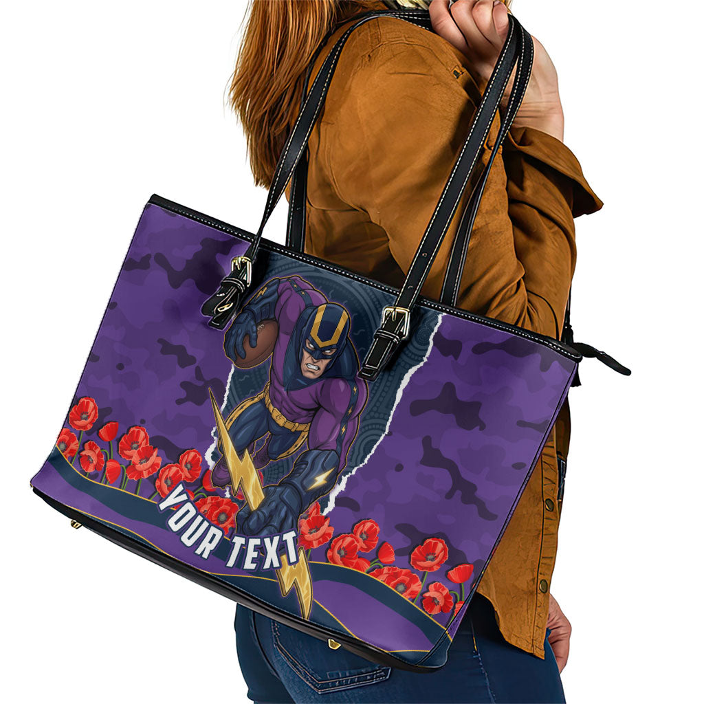 Personalized Melbourne Storm ANZAC Tribute Leather Tote Bag Poppy Field Soldier Silhouette Aboriginal Rugby Mascot