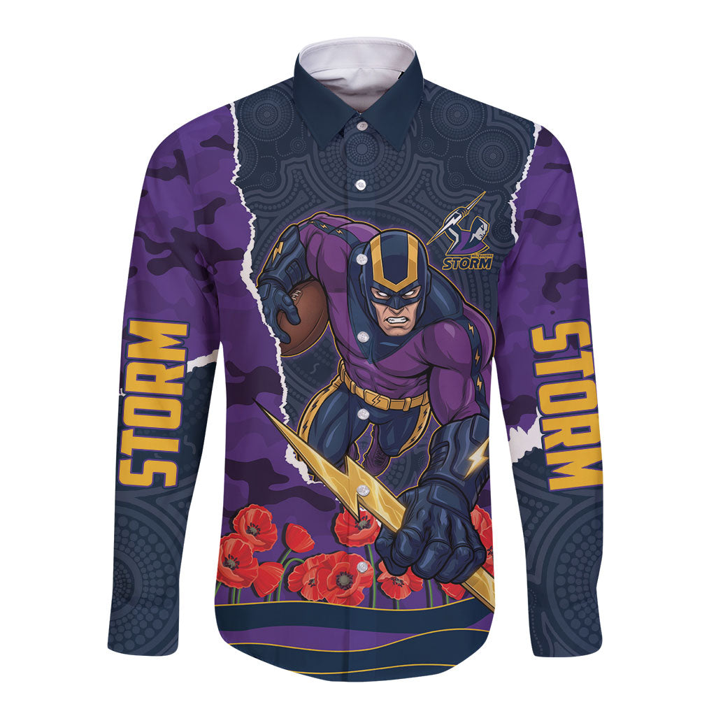 Personalized Melbourne Storm ANZAC Tribute Long Sleeve Button Shirt Poppy Field Soldier Silhouette Aboriginal Rugby Mascot