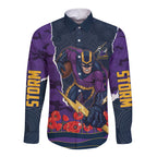 Personalized Melbourne Storm ANZAC Tribute Long Sleeve Button Shirt Poppy Field Soldier Silhouette Aboriginal Rugby Mascot