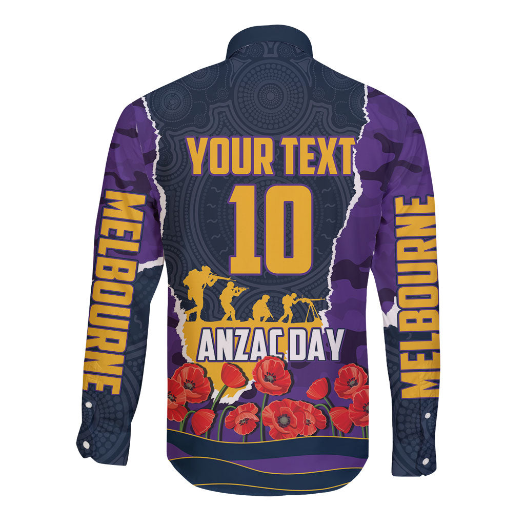 Personalized Melbourne Storm ANZAC Tribute Long Sleeve Button Shirt Poppy Field Soldier Silhouette Aboriginal Rugby Mascot
